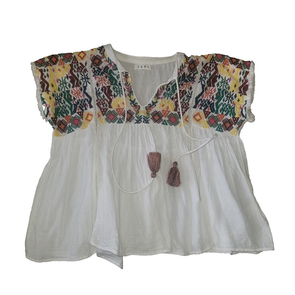 THML Women's Crop Top Cap Sleeve Embroidered XS Peasant Boho Festival Hippie Y2K - Picture 1 of 8